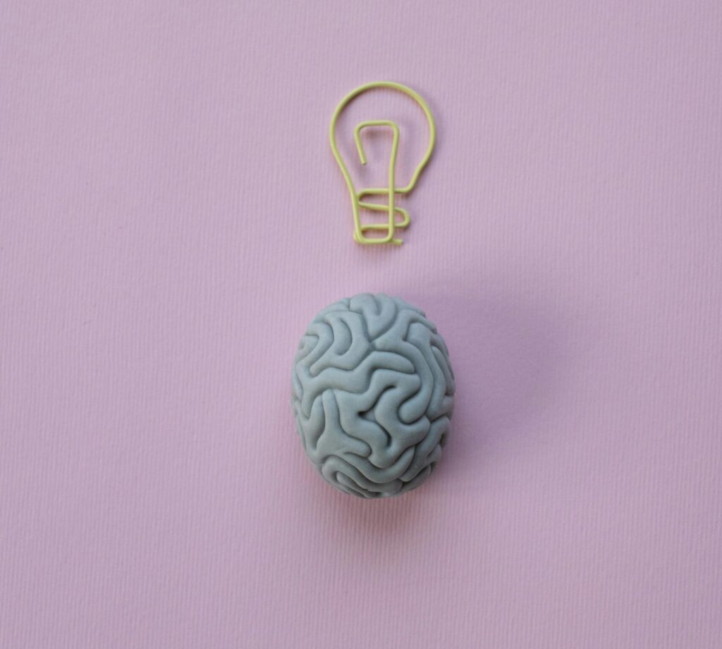Brain-shaped eraser with a light bulb paperclip on a pastel pink background. Ideal for education and creativity themes.